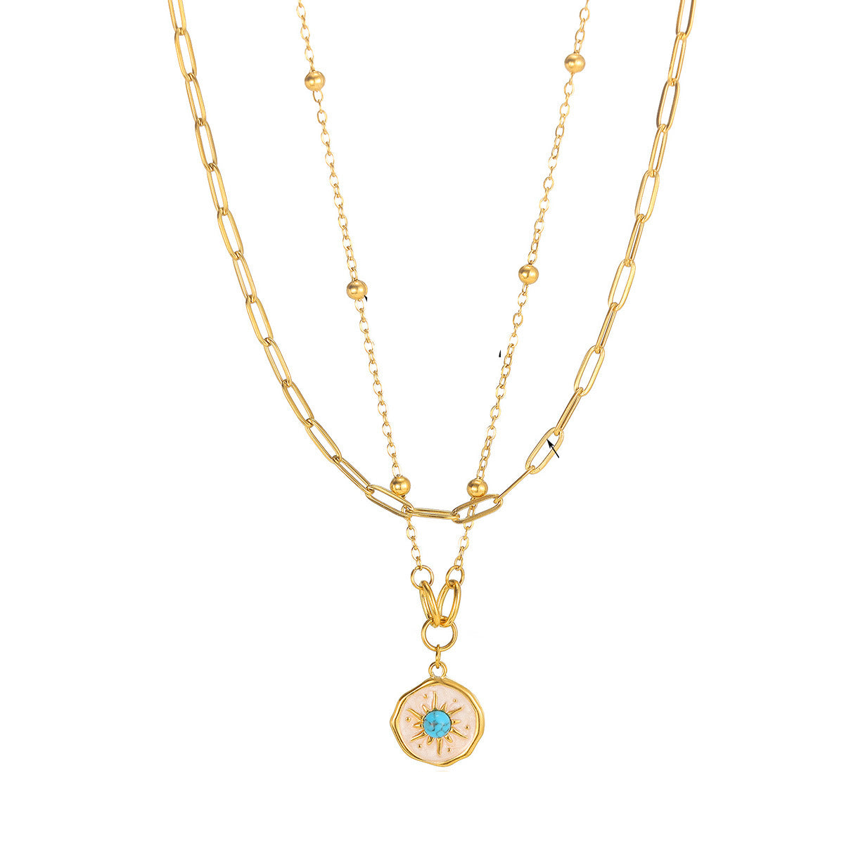 Colier dublu din oțel cu piatră turcoaz-NE209