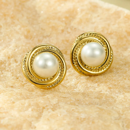 Earrings gold steel with spiral and pearl-ea316