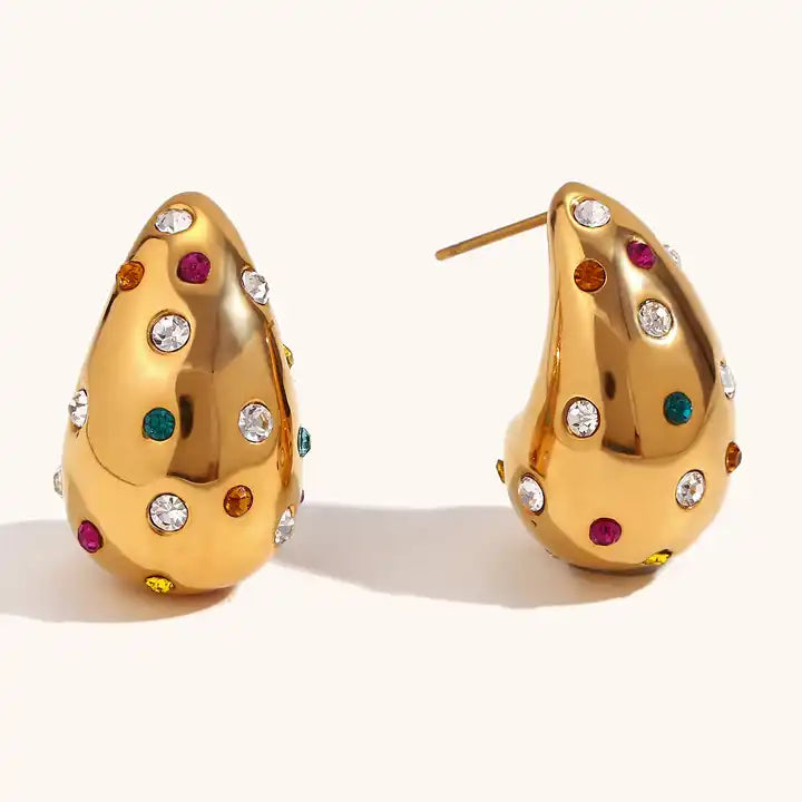 Σκουλαρίκια χρυσά ατσάλινα με πολύχρωμα zircon σχήμα δάκρυ - ea398