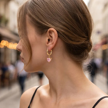 Steel heart earrings with pink zircons- EA022