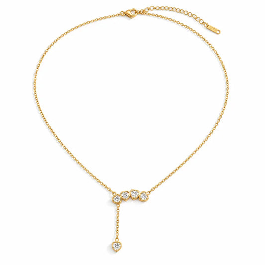 Steel gold necklace with small zircon hearts - NE049