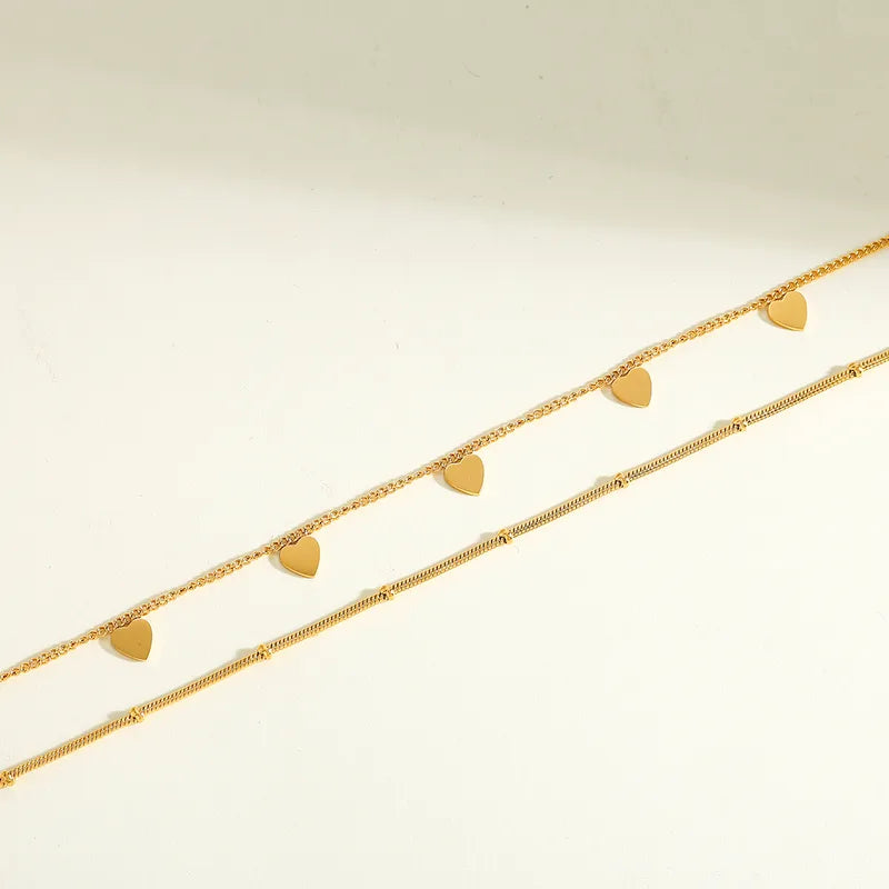 Colier din oțel placat cu aur, lanț dublu cu inimi-NE426