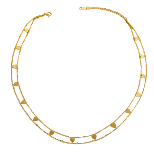 Colier din oțel placat cu aur, lanț dublu cu inimi-NE426