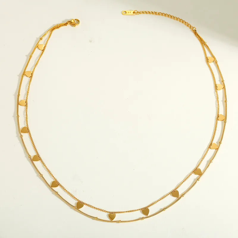 Colier din oțel placat cu aur, lanț dublu cu inimi-NE426