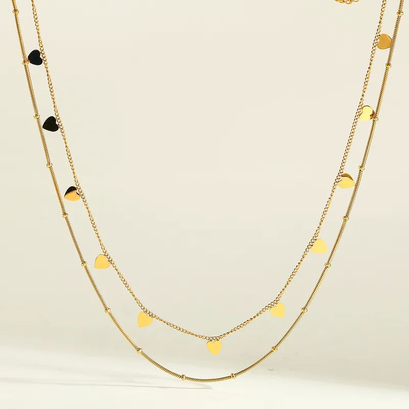 Colier din oțel placat cu aur, lanț dublu cu inimi-NE426
