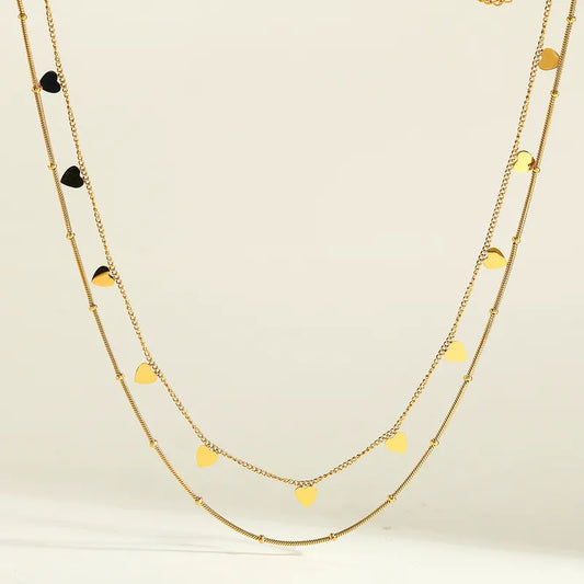 Colier din oțel placat cu aur, lanț dublu cu inimi-NE426
