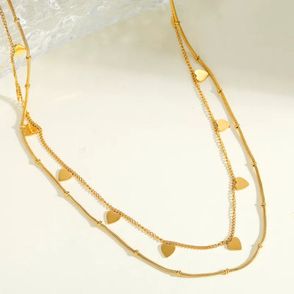 Colier din oțel placat cu aur, lanț dublu cu inimi-NE426