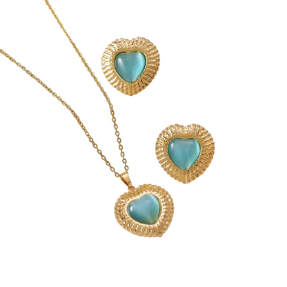 Σετ ατσάλι κολιέ και σκουλαρίκια με γαλάζια πέτρα-SET048