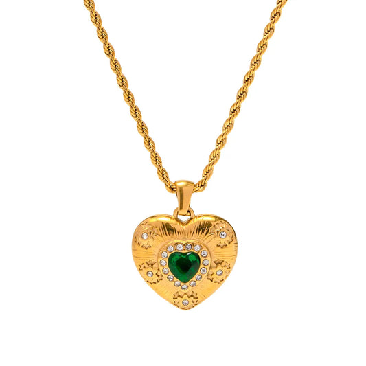 Collier avec coeur et pierre zircon vert-NE419