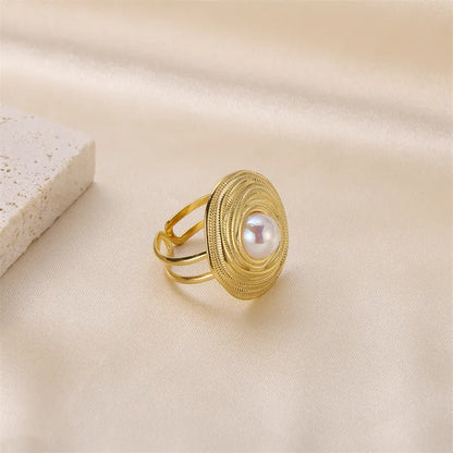Δαχτυλίδι ατσάλινο στρογγυλό με λευκή πέρλα  - R011