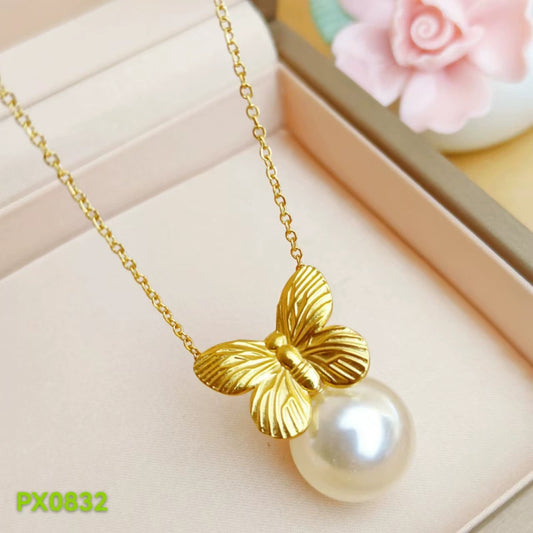 Κολιέ ατσάλι με πέρλα και πεταλούδα-NE333