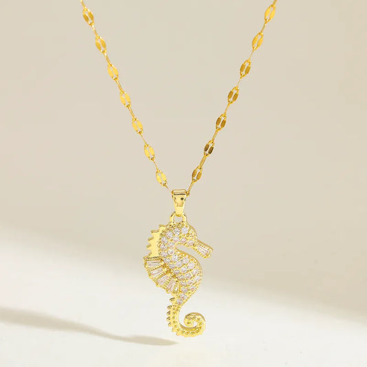 Κολιέ ατσάλινο με ιππόκαμπο με ζιργκόν -NE198