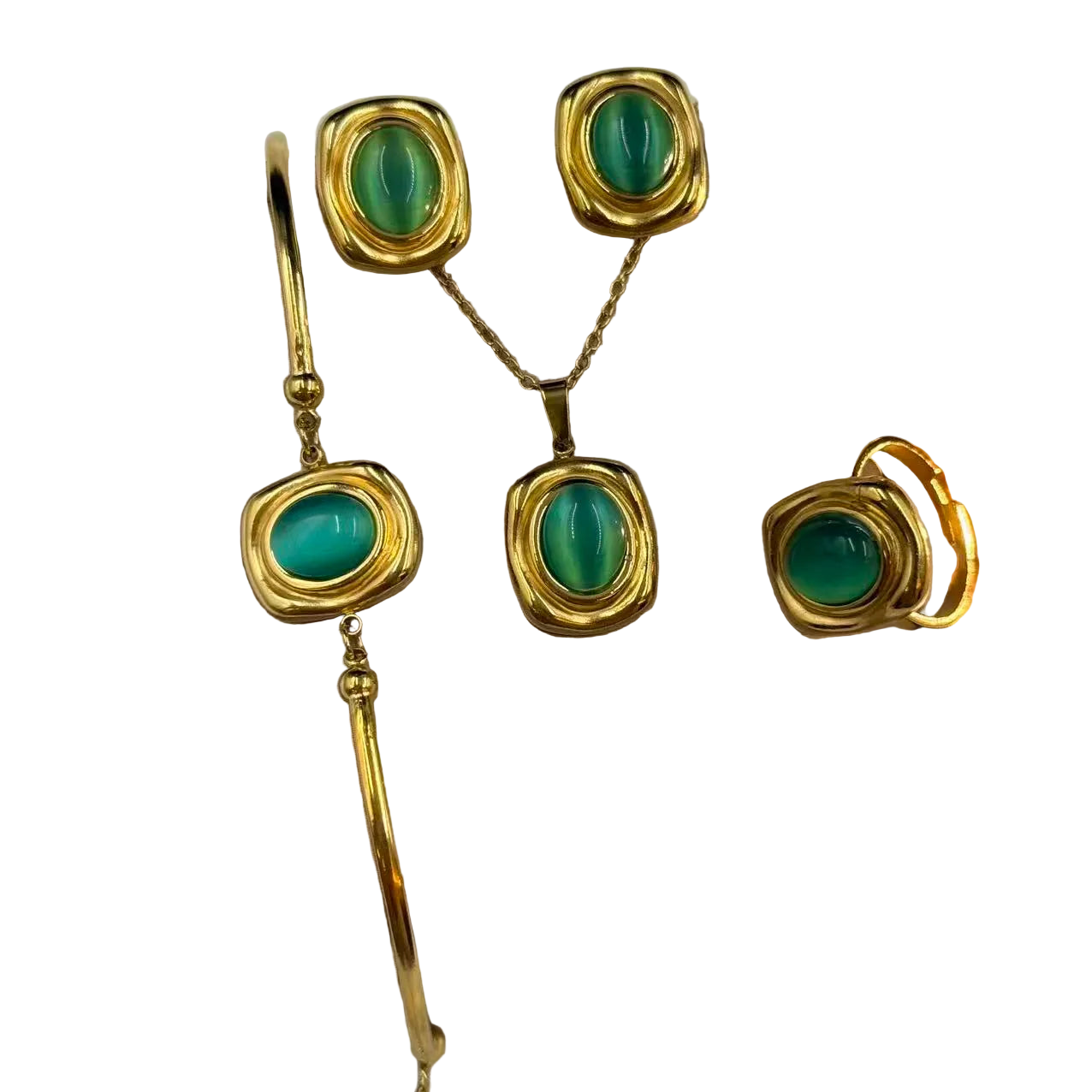 Σετ ατσάλι κολιέ σκουλαρίκια βραχιόλι και δαχτυλίδι με πράσινη πέτρα-SET068