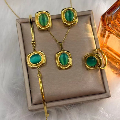 Σετ ατσάλι κολιέ σκουλαρίκια βραχιόλι και δαχτυλίδι με πράσινη πέτρα-SET068