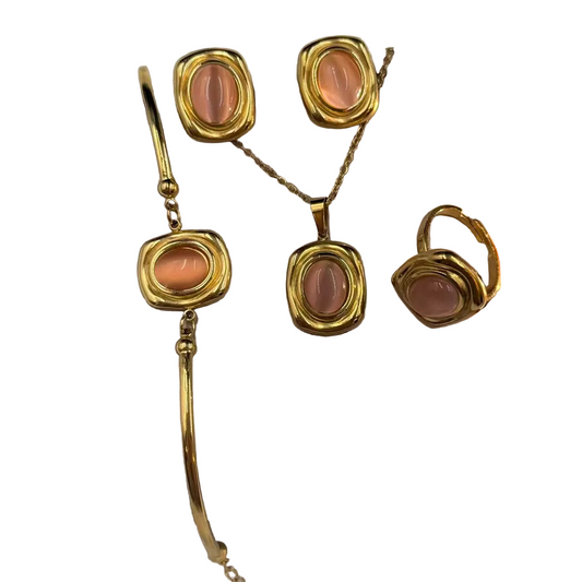 Σετ ατσάλι κολιέ σκουλαρίκια βραχιόλι και δαχτυλίδι με ροζ πέτρα-SET069