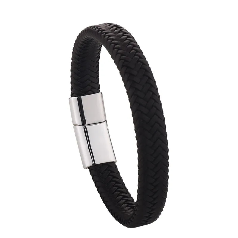 Bracelet Men's Hand Black Leather with Silver Metallic Details-Br024