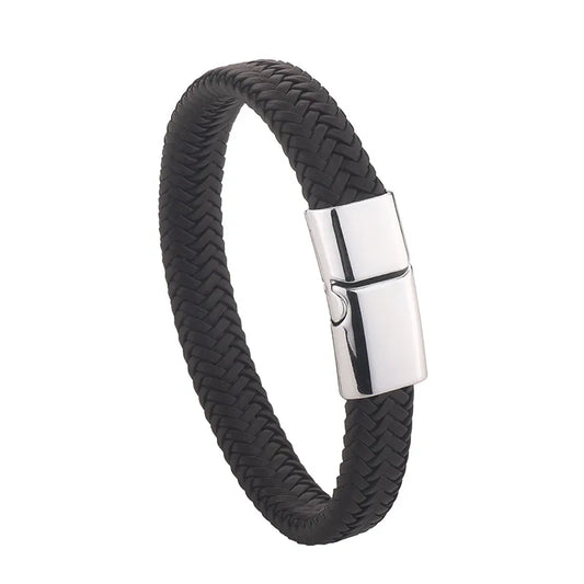 Bracelet Men's Hand Black Leather with Silver Metallic Details-Br024