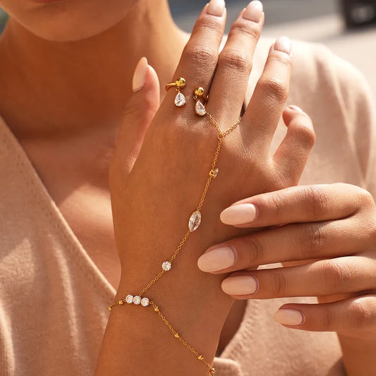 Steel gold ring with zircon tears - R268