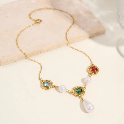 Steel necklace with pearls and colorful rhinestones - NE442