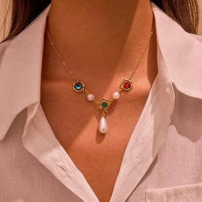Steel necklace with pearls and colorful rhinestones - NE442