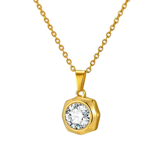 Colier hexagonal din oțel placat cu aur cu zircon-NE127