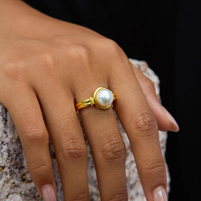Δαχτυλίδι χρυσό ατσάλι με πέρλα-R177
