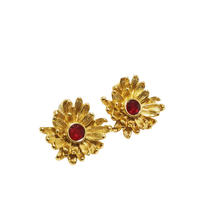 Earrings Gold Plated Peel with Magenta Stone-EA009