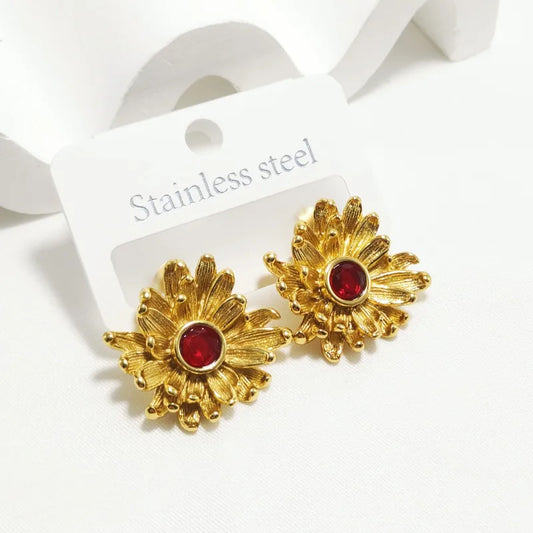 Earrings Gold Plated Peel with Magenta Stone-EA009