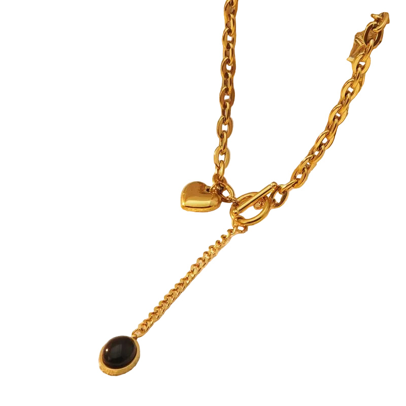Κολιέ επιχρυσωμένο ατσάλι με μαύρη πέτρα-NE466