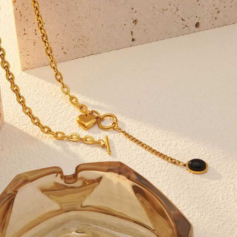 Κολιέ επιχρυσωμένο ατσάλι με μαύρη πέτρα-NE466