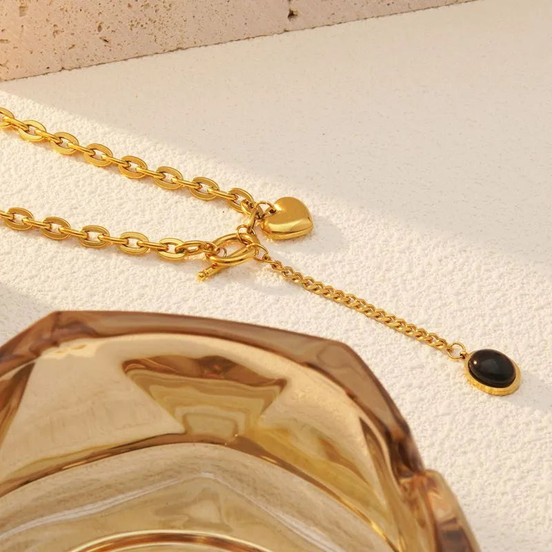 Κολιέ επιχρυσωμένο ατσάλι με μαύρη πέτρα-NE466