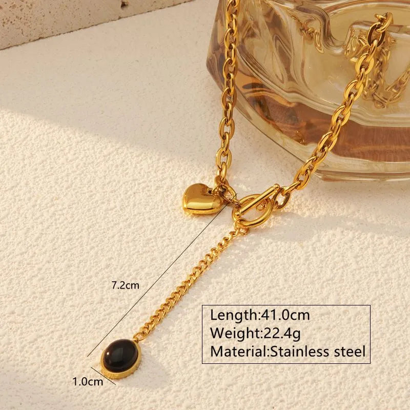 Κολιέ επιχρυσωμένο ατσάλι με μαύρη πέτρα-NE466