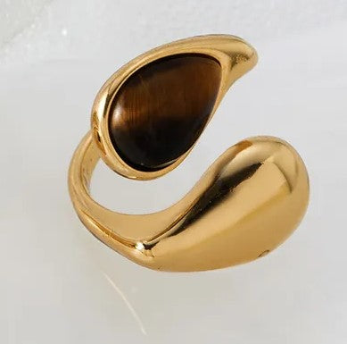 Inel din oțel auriu cu piatră de tigru maro-R253