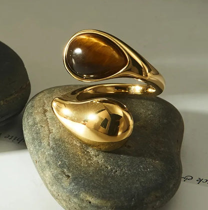 Inel din oțel auriu cu piatră de tigru maro-R253