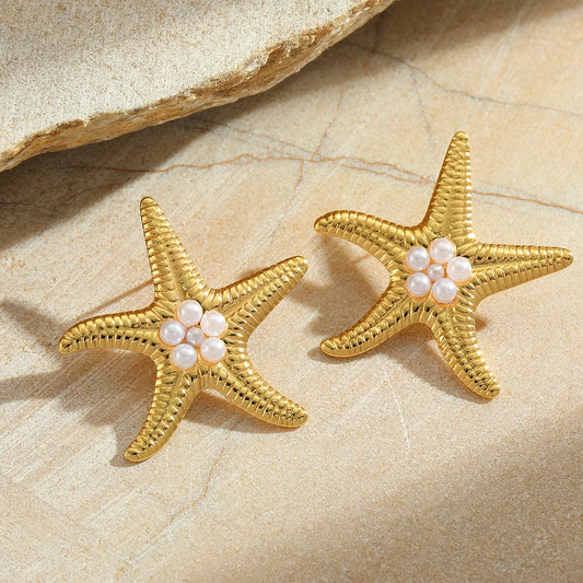 Σκουλαρίκια επιχρυσωμένο ατσάλι αστερίες με πέρλες- EA782