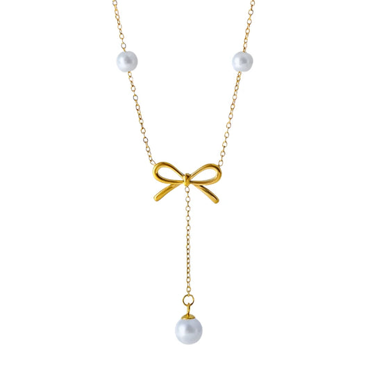 Necklace gold steel with bow and pearl-ne093