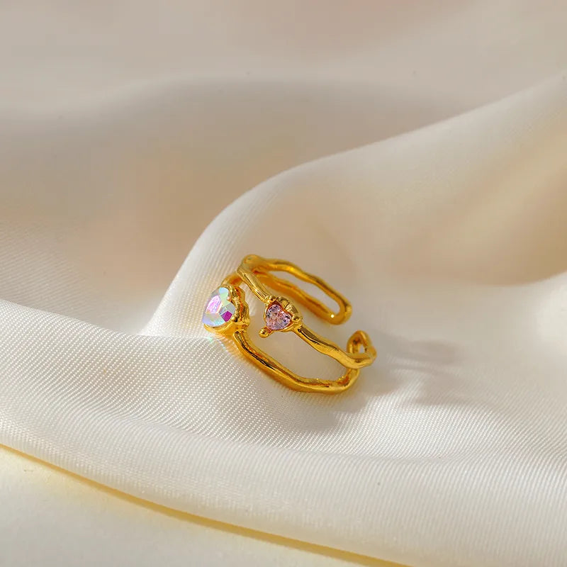 Ring gold steel with two pink zircon-r132