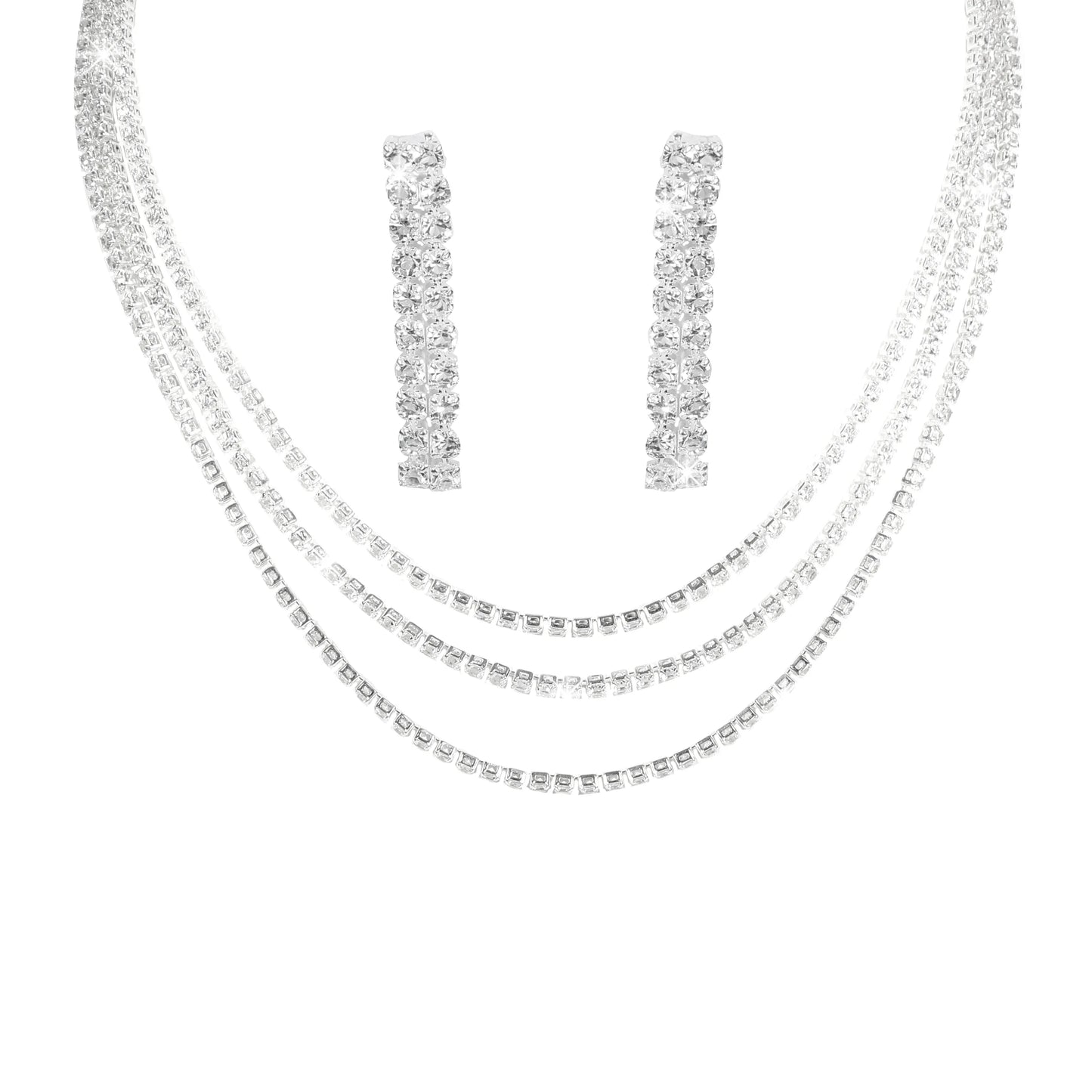Conjunto de collar y aretes triples de diamantes de imitación de plata - set026