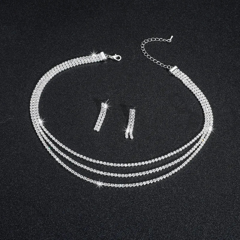 Conjunto de collar y aretes triples de diamantes de imitación de plata - set026