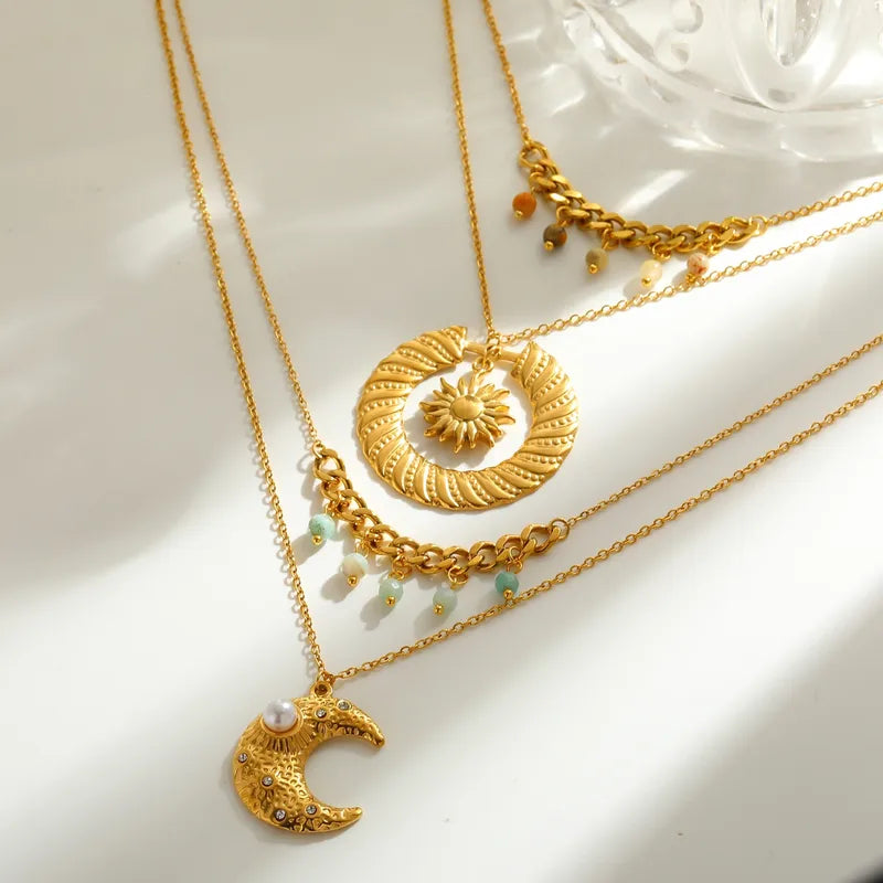 Κολιέ επιχρυσωμένο ατσάλι διπλό με φεγγάρι και zircon-NE405