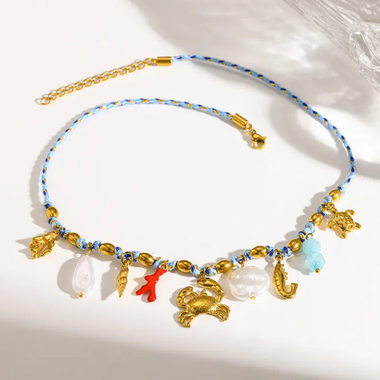 Κολιέ με μπλε κορδόνι και καβούρι - ne764