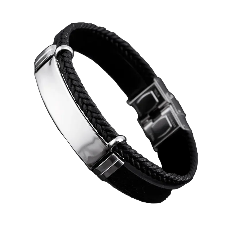 Βραχιόλι ατσάλı με μαύρο δέρμα - BR342