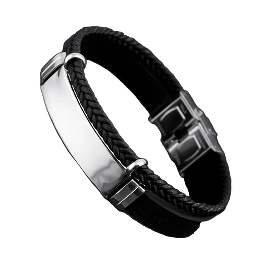 Βραχιόλι ατσάλı με μαύρο δέρμα - BR342