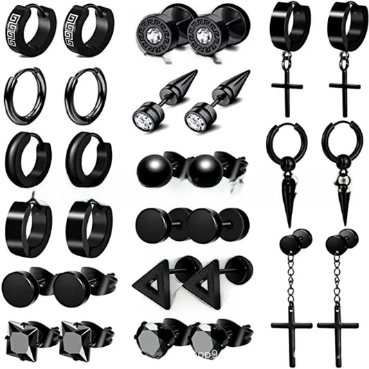 Earrings Set 15 pairs of black steel in various designs-ea017