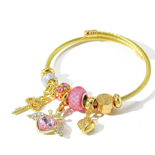 Βραχιόλι bangle με ροζ στοιχεία και καρδιά- BR191