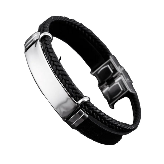 Βραχιόλι ατσάλι με μαύρο δέρμα-BR197