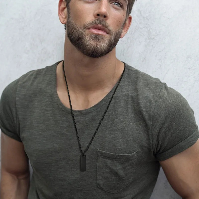 Κολιέ ατσάλι μαύρη μακρόστενη ταυτότητα-NE508