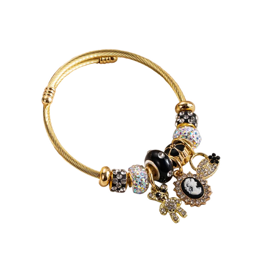 Βραχιόλι επιχρυσωμένο ατσάλι με στρας και μαύρα charms με πορτραίτο γυναίκας-BR151