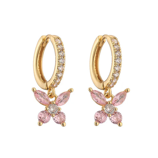 Brass earrings pink butterfly - w173