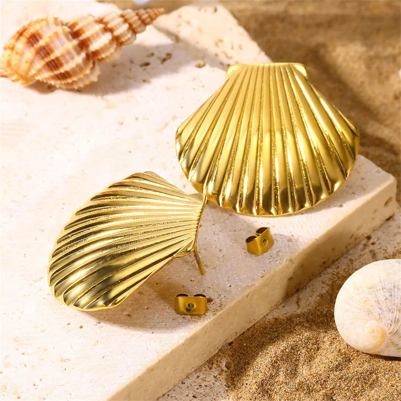 Earrings gold steel whole shells